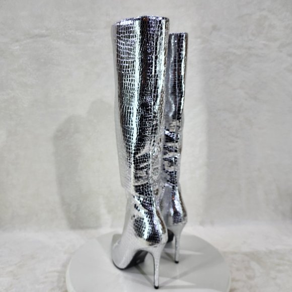 Silver Metallic  Festive   Pointy Toe Boots With 4 inch Stiletto Heel - Picture 7 of 11